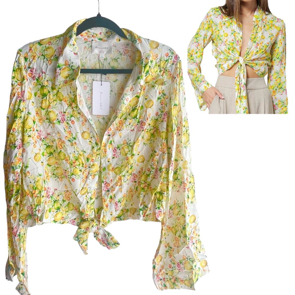 NEW Line & Dot Fruiti Floral Bell Sleeve Tie Front TOP Women's LG Lemons Italy